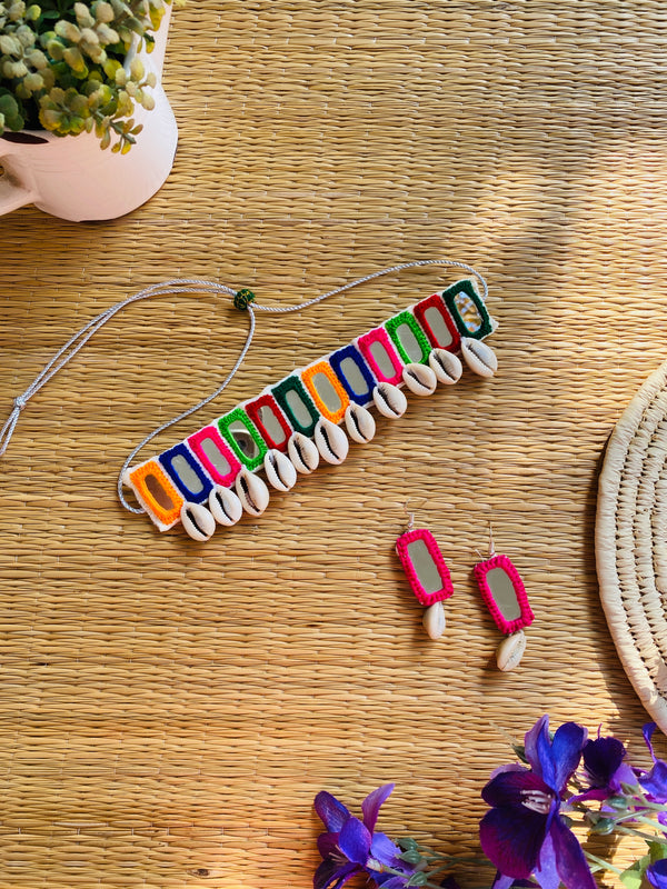 Multi single Layer Mirror Choker with Pink earrings