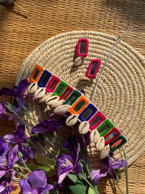 Multi single Layer Mirror Choker with Pink earrings