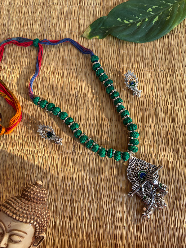 Oxidised Green Krishan Bansuri Necklace
